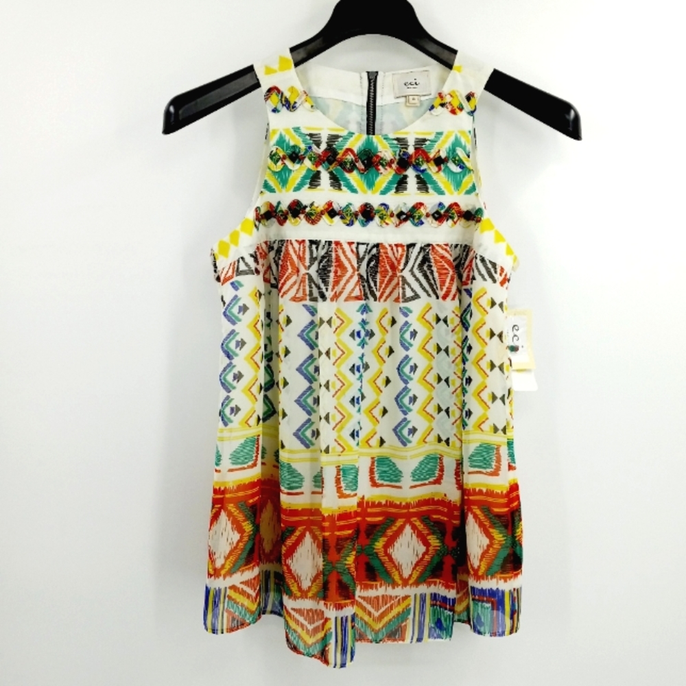 Eci New York Sleeveless Top S Tribal Fusion Beaded Multicolor Lined Chiffon NWT
